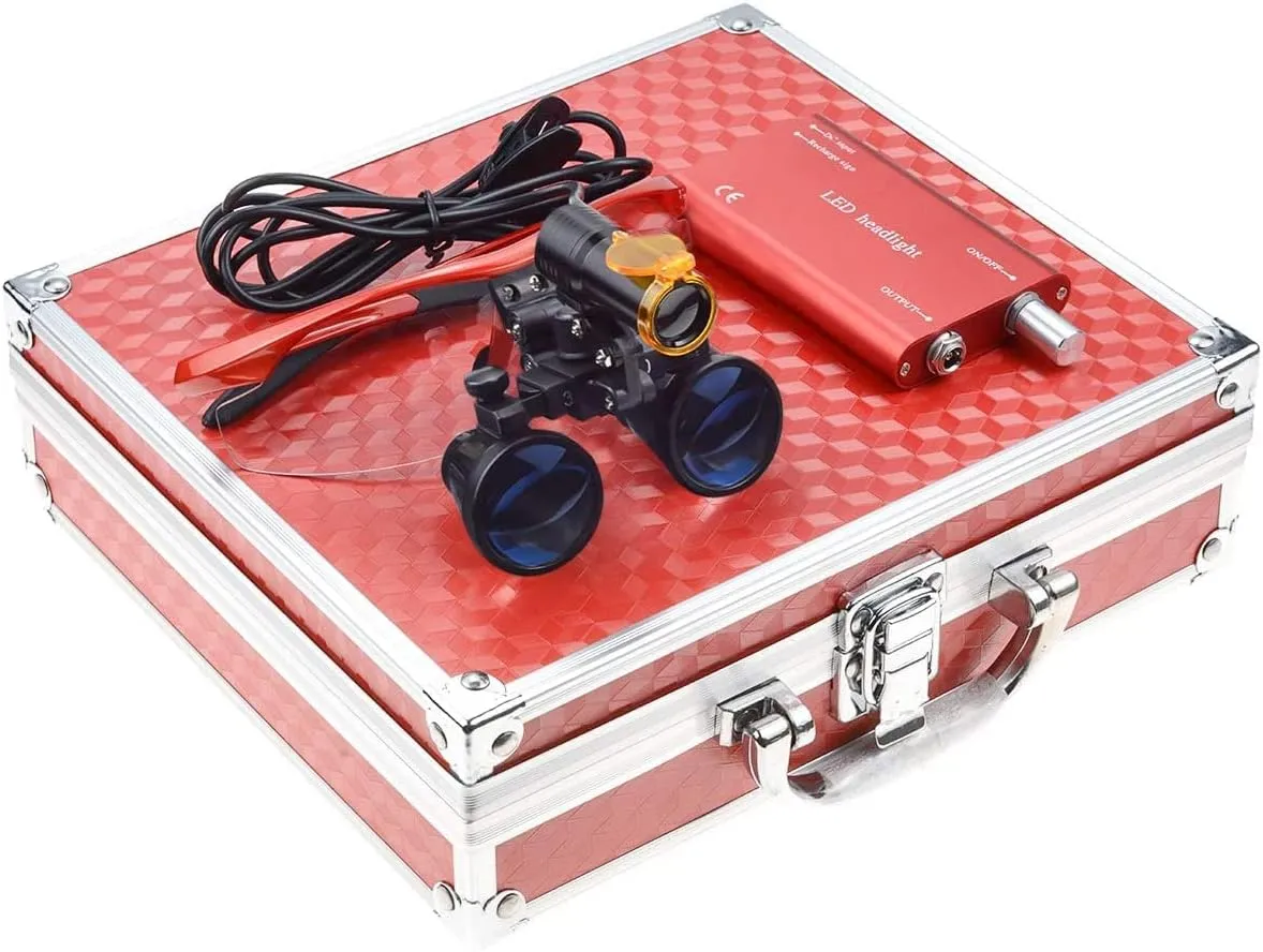 2.5X Binocular Loupes Glasses Magnifier with 5W LED Headlight Lamp Filter Aluminum Box (Red)