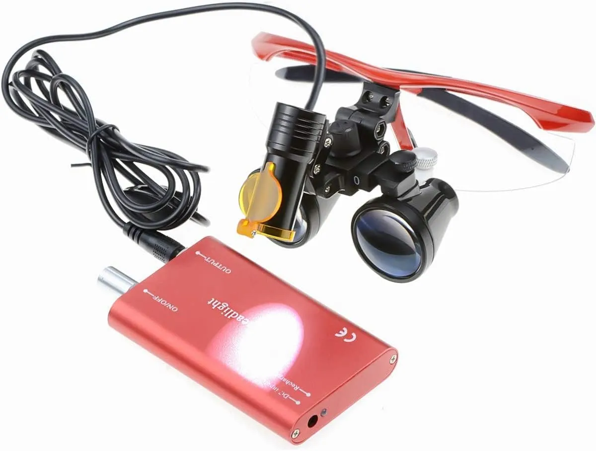 2.5X Binocular Loupes Glasses Magnifier with 5W LED Headlight Lamp Filter Aluminum Box (Red)