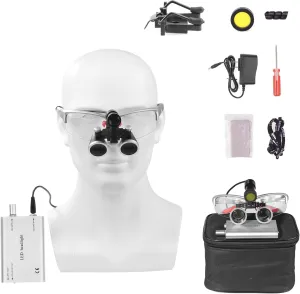 2.5X Binocular Loupes Working Distance 320-420mm with 5W LED Headlight Yellow Filter Li-on Battery Lab Glasses Magnifier Optical Glass Cloth Case (Silver)
