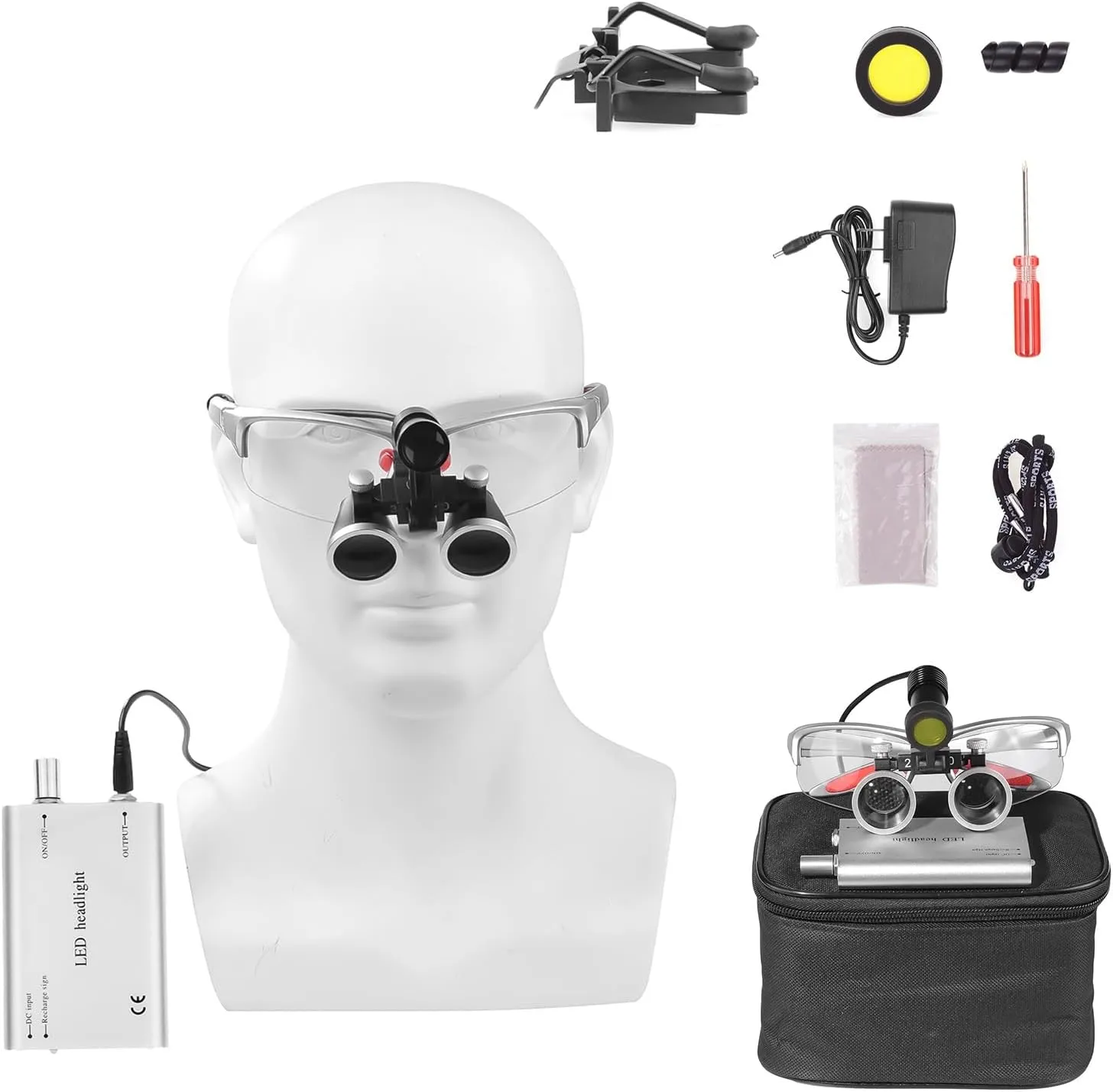 2.5X Binocular Loupes Working Distance 320-420mm with 5W LED Headlight Yellow Filter Li-on Battery Lab Glasses Magnifier Optical Glass Cloth Case (Silver)