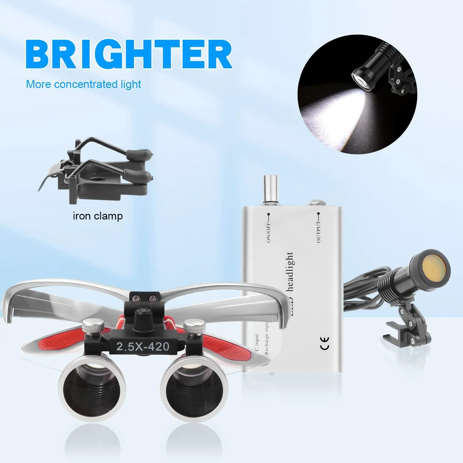 2.5X Binocular Loupes Working Distance 320-420mm with 5W LED Headlight Yellow Filter Li-on Battery Lab Glasses Magnifier Optical Glass Cloth Case (Silver)