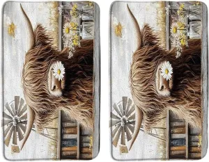 2PCS Farmhouse Highland Cow Bath Mat Set Funny Cattle Rustic Daisy Floral Vintage Windmill Mountain Western Animal Bathroom Kitchen Floor Mat Doormat Microfiber Home Decoration Rug