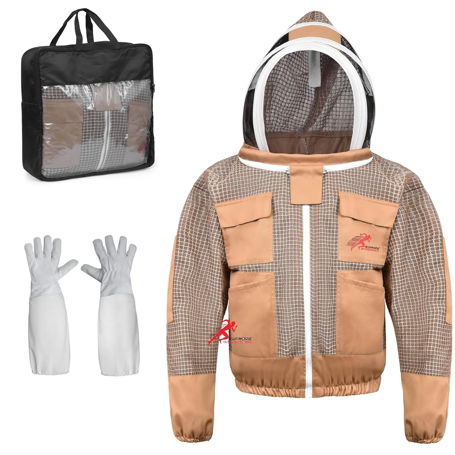 3 Layer Bee Jacket with Fencing Veil and One Pair of Gloves Beekeeping Jacket for Beginer and Professional Fully Protective Jacket Sting Proof Bee Jacket Ventilated Beekeeper Jacket (Khaki, Medium)