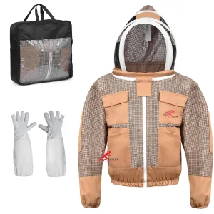 3 Layer Bee Jacket with Fencing Veil and One Pair of Gloves Beekeeping Jacket for Beginer and Professional Fully Protective Jacket Sting Proof Bee Jacket Ventilated Beekeeper Jacket (Khaki, Medium)