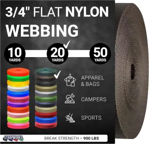 3/4 Inch Heavy Duty Nylon Webbing Strap Roll for Belt, Backpack, Sling, Collar, Leash, Strapping and More, 10, 20, or 50 Yards, Over 20 Colors