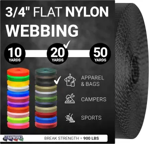 3/4 Inch Heavy Duty Nylon Webbing Strap Roll for Belt, Backpack, Sling, Collar, Leash, Strapping and More, 10, 20, or 50 Yards, Over 20 Colors