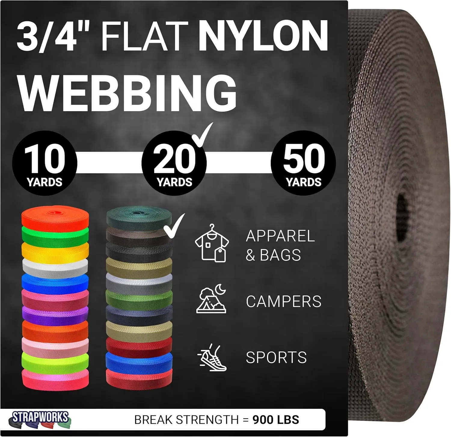 3/4 Inch Heavy Duty Nylon Webbing Strap Roll for Belt, Backpack, Sling, Collar, Leash, Strapping and More, 10, 20, or 50 Yards, Over 20 Colors