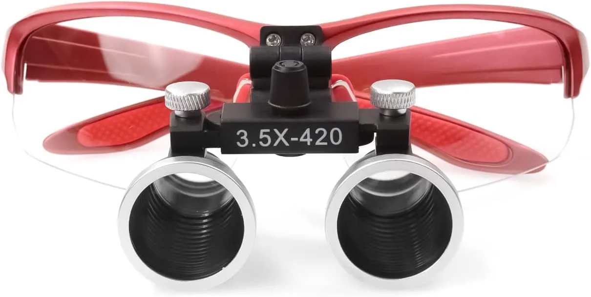 3.5X-420mm Binocular Magnifier Loupes with 5W Headlight Loupe Lamp Clip Filter Aluminum Box (Red)