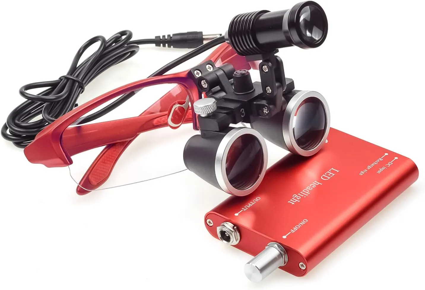 3.5X-420mm Binocular Magnifier Loupes with 5W Headlight Loupe Lamp Clip Filter Aluminum Box (Red)