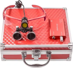3.5X-420mm Binocular Magnifier Loupes with 5W Headlight Loupe Lamp Clip Filter Aluminum Box (Red)