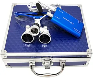 3.5X420mm Binocular Loupes Optical Glass Loupe with LED Head Light Lamp Medical Binocular Loupes Aluminum Box (Blue)