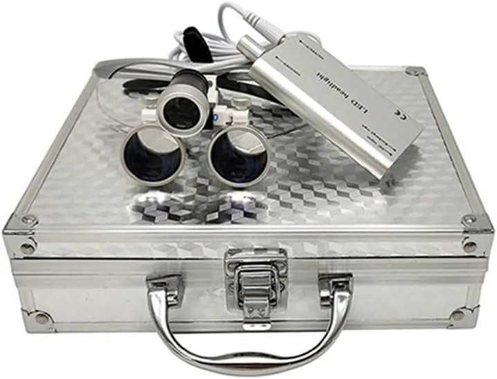 3.5X420mm Binocular Loupes Optical Glass Loupe with LED Head Light Lamp Medical Binocular Loupes Aluminum Box (Silver)