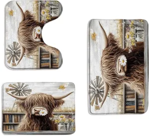 3PCS Farmhouse Highland Cow Bath Mat Set Funny Cattle Rustic Daisy Floral Vintage Windmill Mountain Western Animal Bathroom Kitchen Floor Mat Doormat,Toilet Base Mat Microfiber Home Decor Rug