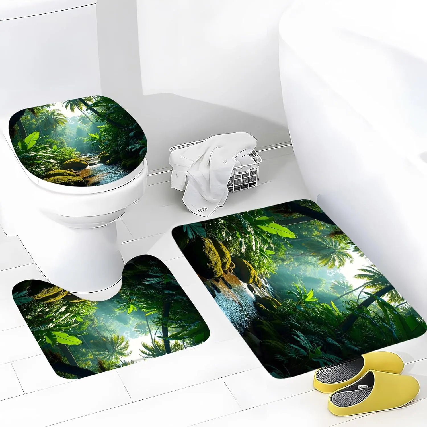 3Pcs Tropical Rainforest Bath Mat Set Green Forest Palm Leaves River Stream Jungle Plant Wild Nature Scenery Bathroom Mat,Toilet Seat Cover,U-Shaped Mat