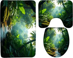 3Pcs Tropical Rainforest Bath Mat Set Green Forest Palm Leaves River Stream Jungle Plant Wild Nature Scenery Bathroom Mat,Toilet Seat Cover,U-Shaped Mat