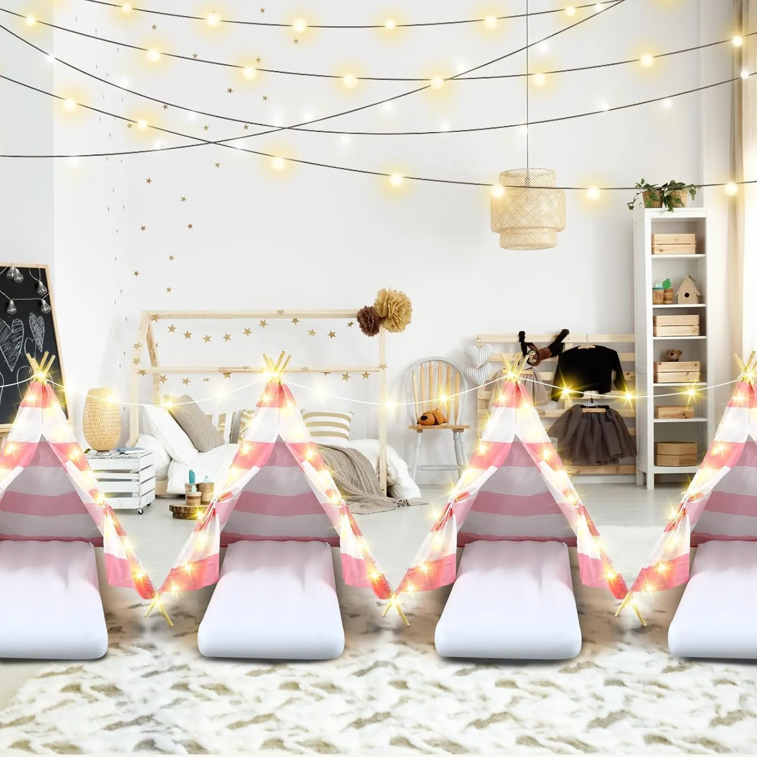 4 Pack Teepee Tent for Kids Slumber Party with Mattress,Fitted Sheet,Light String,Natural Cotton Washable Sleepover Tents for Girls Party Birthday Slumber Movie Night Supplies(Pink White)