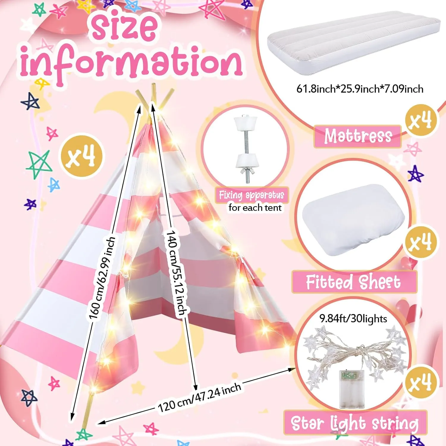 4 Pack Teepee Tent for Kids Slumber Party with Mattress,Fitted Sheet,Light String,Natural Cotton Washable Sleepover Tents for Girls Party Birthday Slumber Movie Night Supplies(Pink White)