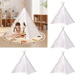 4 PCS White Kids Teepee Play Tent, Foldable Washable Tipi Tent Kids Boho Tent, Playhouse for Girls and Boys Over 3 Years Sleepovers Party Birthday Party Slumber Party