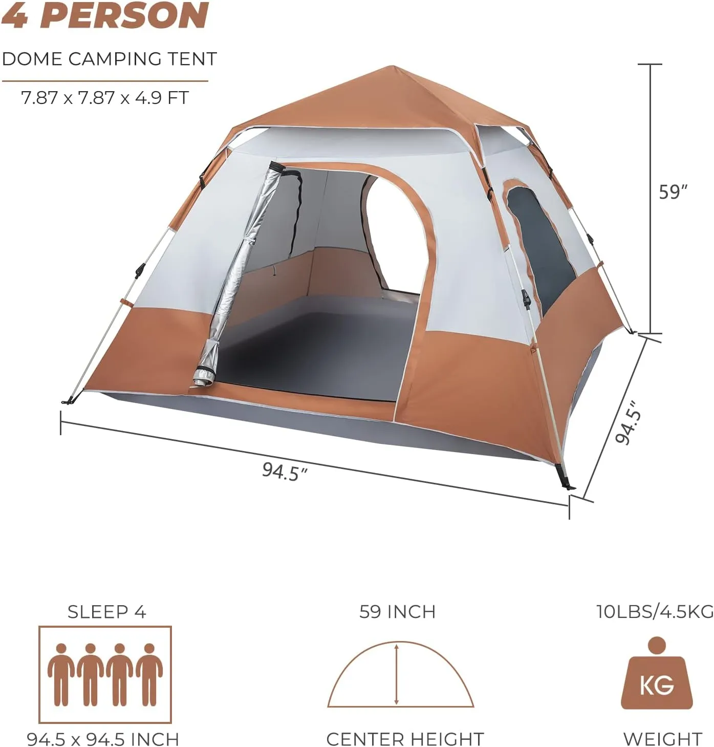 4-PersonCamping Tent,Family Dome Weatherproof Tent with Easy Setup, Included Rainfly and Carry Bag, 2 Windows and 2 Doors for Air Flow for Backpacking, Hiking, or BeachOutdoors