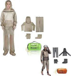 4-Piece Net Suit L/XL Beige Black, ull Body Jacket with Zippered Hood, Pants, Gloves & Foot Covers, Thickened Breathable Mesh, Adjustable Fit for Men & Women, Lightweight for Outdoor, Camping, Fishing
