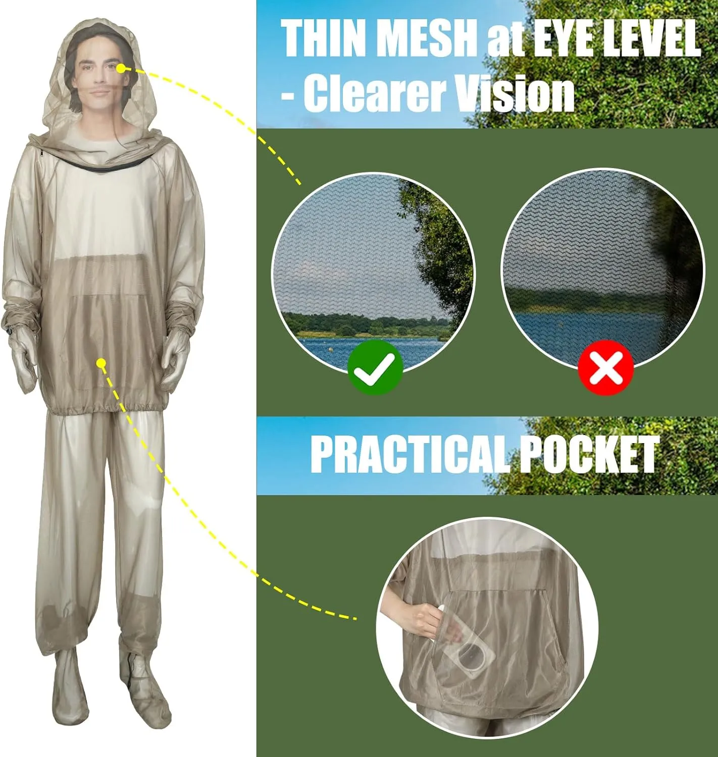 4-Piece Net Suit XXL, Full Body Jacket with Zippered Hood, Pants, Gloves & Foot Covers, Thickened Breathable Mesh, Adjustable Fit for Men & Women, Lightweight for Outdoor, Camping, Fishing & Gardening