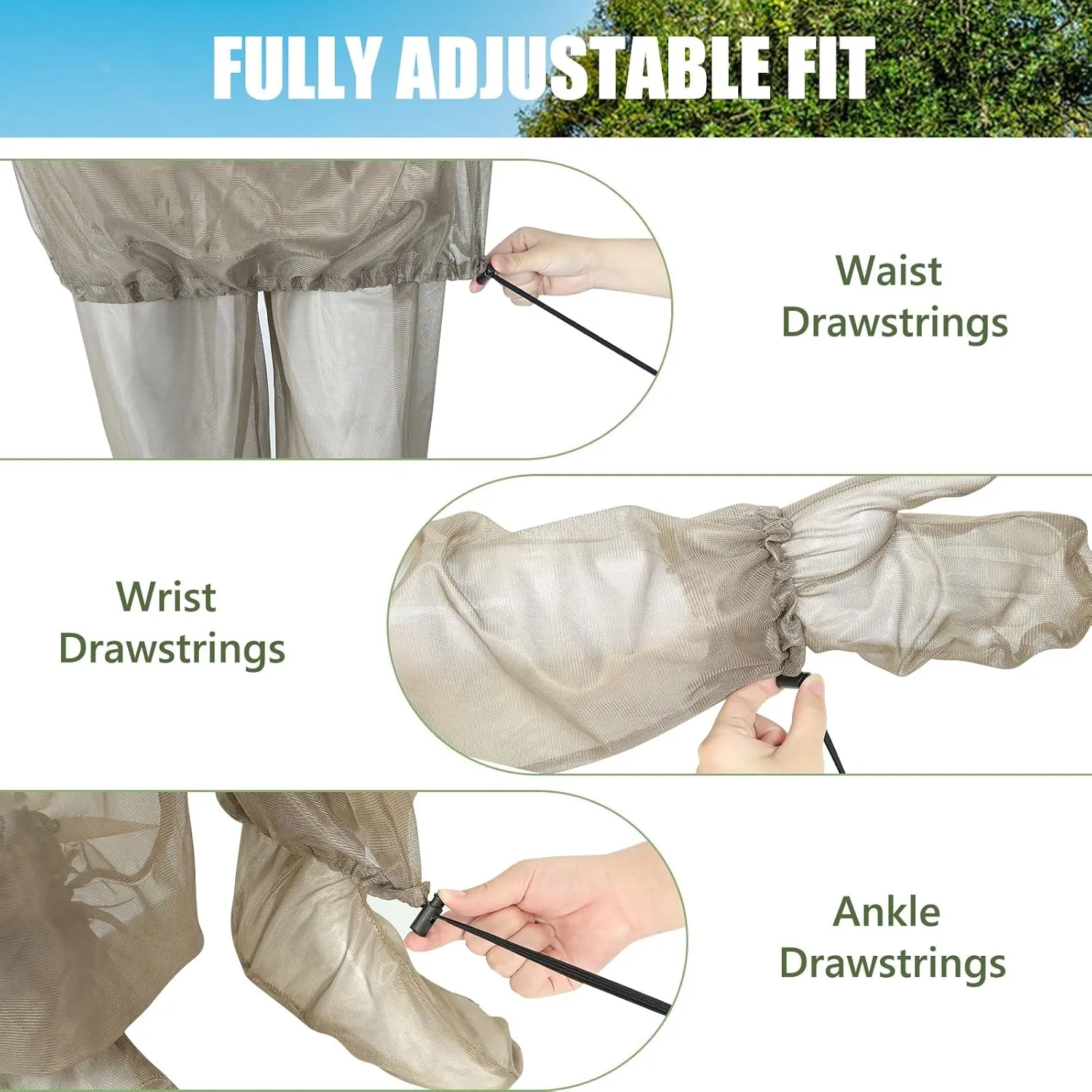 4-Piece Net Suit XXL, Full Body Jacket with Zippered Hood, Pants, Gloves & Foot Covers, Thickened Breathable Mesh, Adjustable Fit for Men & Women, Lightweight for Outdoor, Camping, Fishing & Gardening