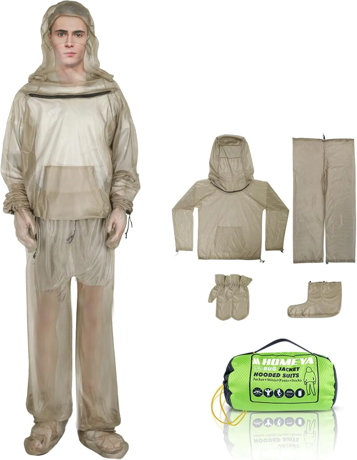 4-Piece Net Suit XXL, Full Body Jacket with Zippered Hood, Pants, Gloves & Foot Covers, Thickened Breathable Mesh, Adjustable Fit for Men & Women, Lightweight for Outdoor, Camping, Fishing & Gardening