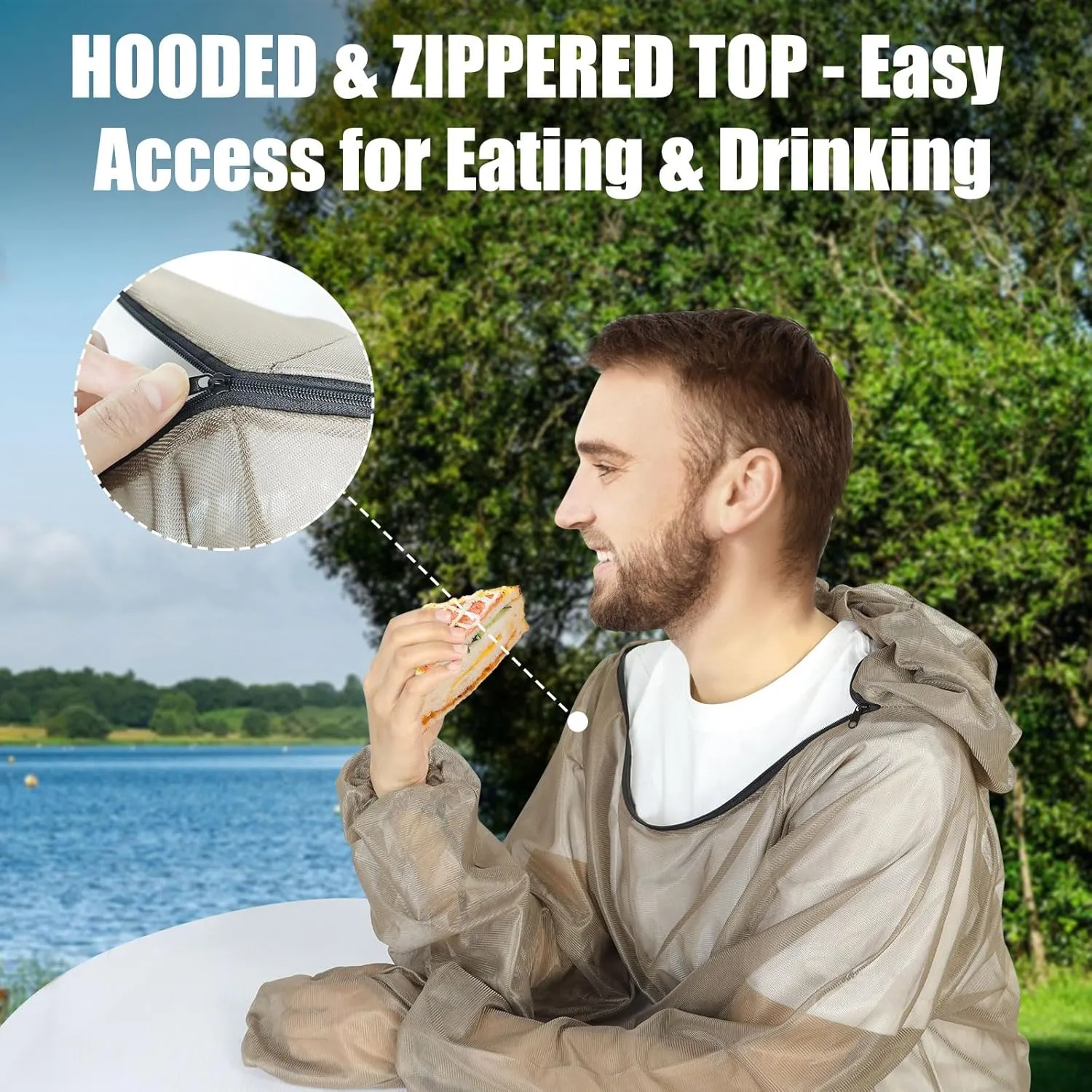 4-Piece Net Suit XXL, Full Body Jacket with Zippered Hood, Pants, Gloves & Foot Covers, Thickened Breathable Mesh, Adjustable Fit for Men & Women, Lightweight for Outdoor, Camping, Fishing & Gardening