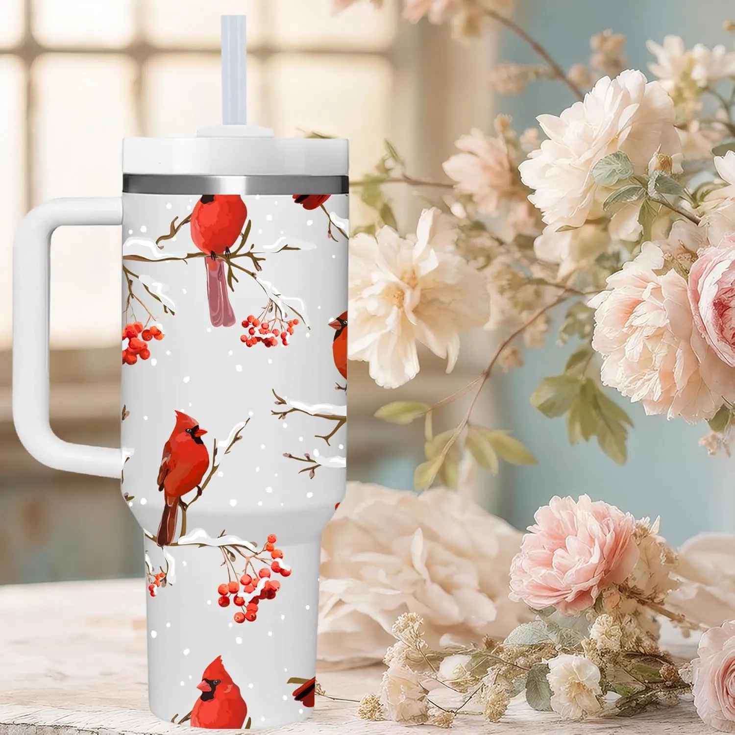 40 OZ Cardinal Tumbler with Handle.Cardinal Lover Gifts.Unique Birthday Christmas Gifts for Cardinal Lover.Personalized 40 OZ Cardinal Tumbler Gifts for Women Men.