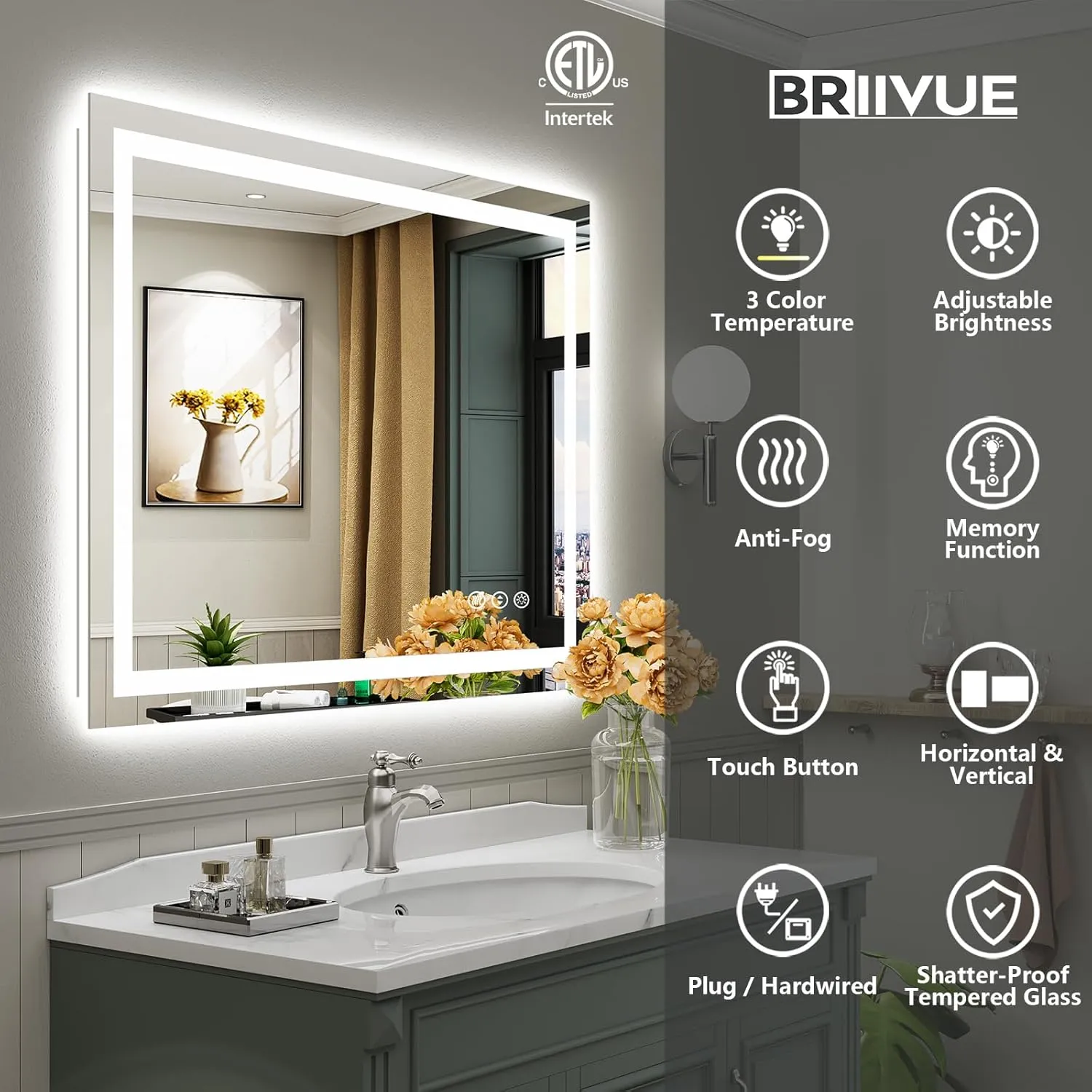 48"x40" LED Bathroom Mirror with Lights, Backlit & Front Lit, Anti-Fog Lighted Bathroom Vanity Mirror for Wall, Memory Function, Dimmable, HD Tempered Glass, Shatter-Proof