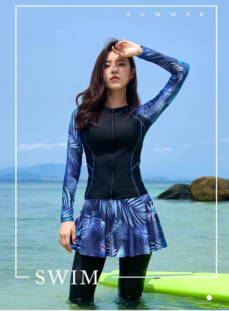 4Pcs/Set Women Burkini Swimsuits Modest Muslim Swimwear Long Sleeve Full Cover Top Swim Pants ​Bathing Suits Wwith Skirts