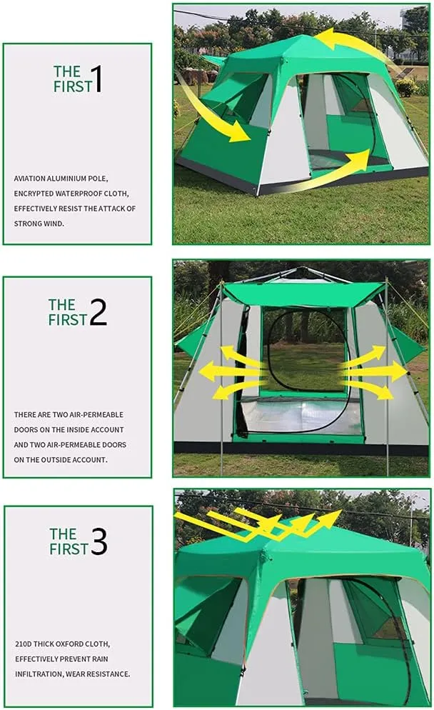 5-8 Person Camping Tent Pop Up Tent with Zipped Double Door and Carrying Bag Instant Family Tent for Outdoor Hiking Camping Beach Garden (Green 5) (Green 5) (Green 5)