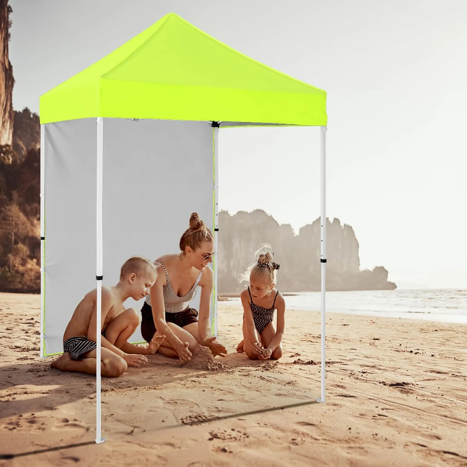 5'x5' Pop up Canopy Tent with One Removable Sidewall, Instant Easy Set up Outdoor Canopy Commercial Sun Shelter with Carry Bag, Neon Green