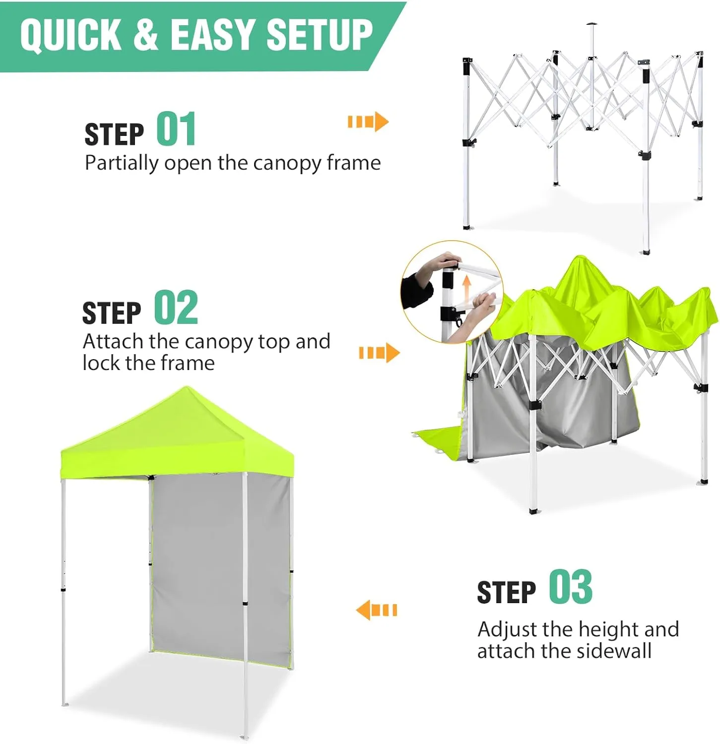 5'x5' Pop up Canopy Tent with One Removable Sidewall, Instant Easy Set up Outdoor Canopy Commercial Sun Shelter with Carry Bag, Neon Green