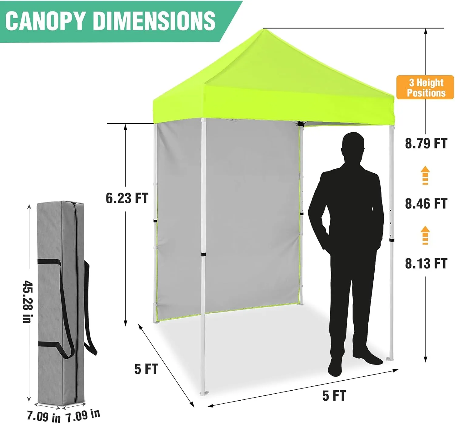5'x5' Pop up Canopy Tent with One Removable Sidewall, Instant Easy Set up Outdoor Canopy Commercial Sun Shelter with Carry Bag, Neon Green