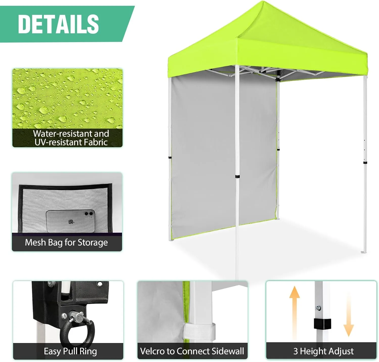 5'x5' Pop up Canopy Tent with One Removable Sidewall, Instant Easy Set up Outdoor Canopy Commercial Sun Shelter with Carry Bag, Neon Green