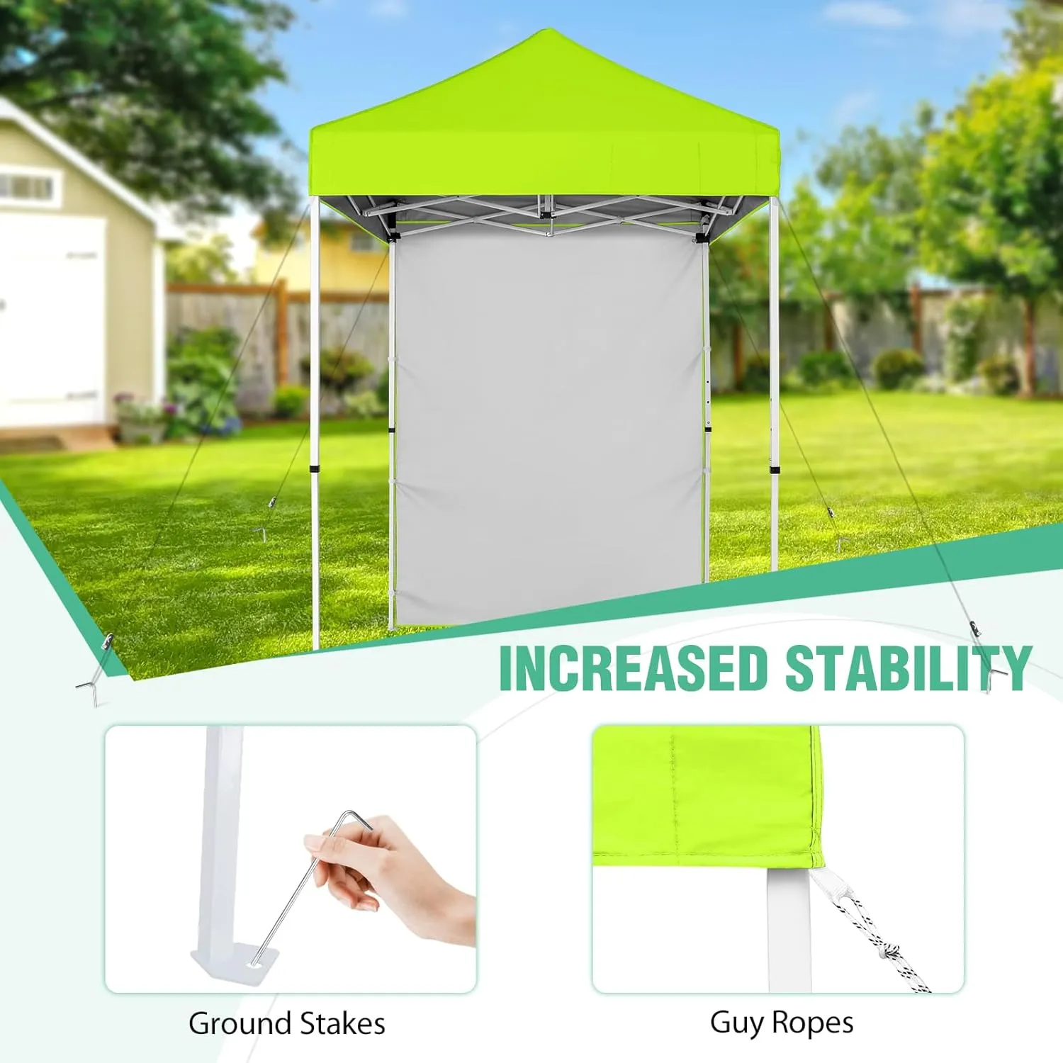 5'x5' Pop up Canopy Tent with One Removable Sidewall, Instant Easy Set up Outdoor Canopy Commercial Sun Shelter with Carry Bag, Neon Green
