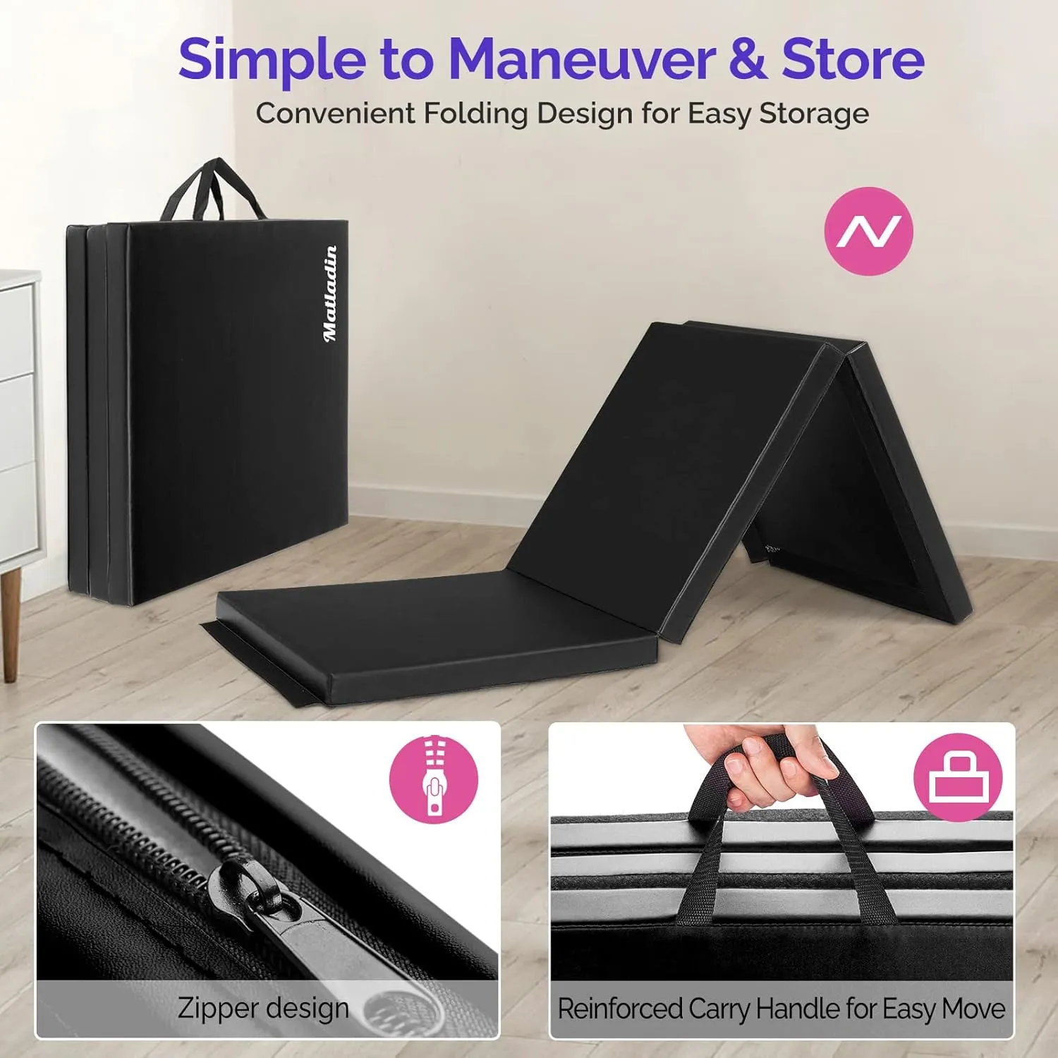 6' Folding Tri-fold Gymnastics Gym Exercise Aerobics Mat, 6ft x 2ft x 2in PU Leather Tumbling Mats with Hook & Loop Fastener for Stretching Yoga Cheerleading Martial Arts
