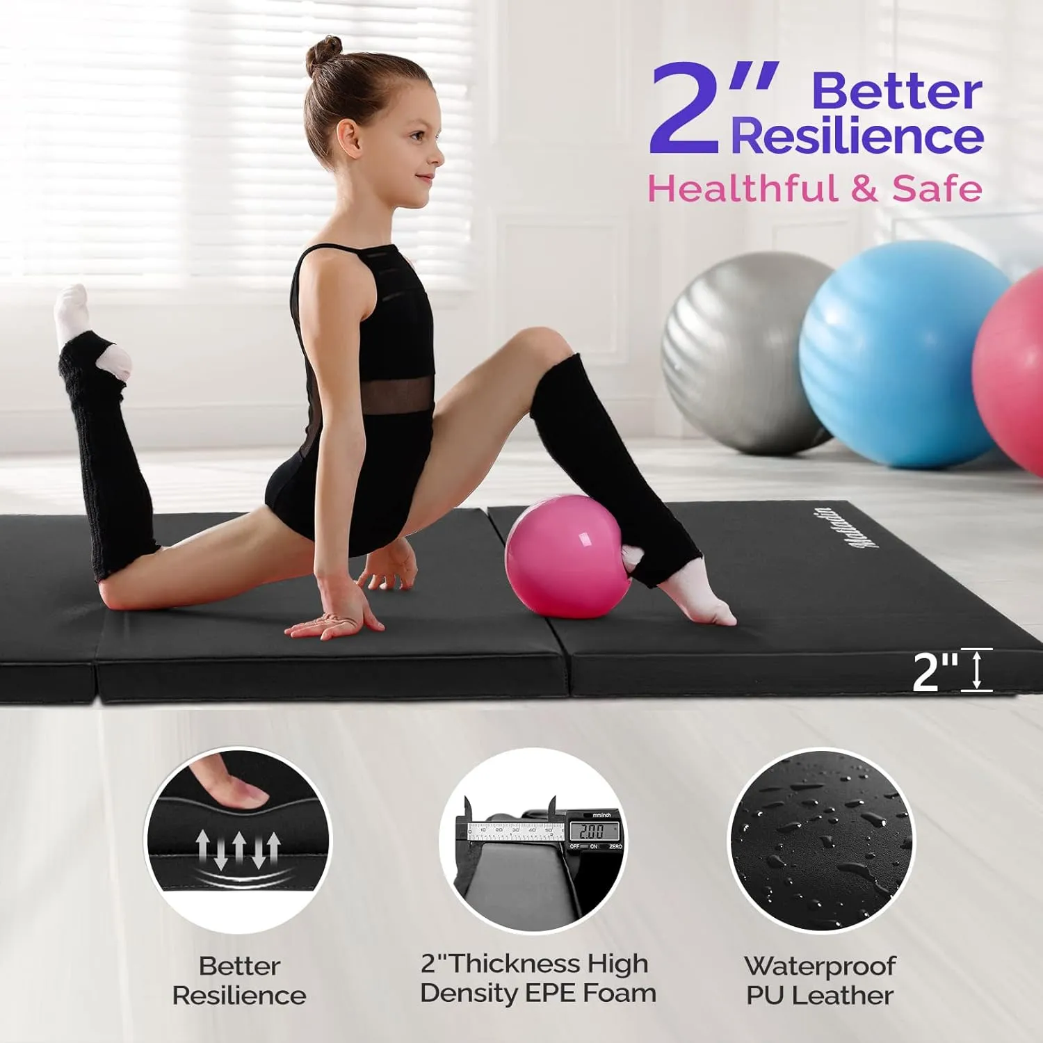6' Folding Tri-fold Gymnastics Gym Exercise Aerobics Mat, 6ft x 2ft x 2in PU Leather Tumbling Mats with Hook & Loop Fastener for Stretching Yoga Cheerleading Martial Arts