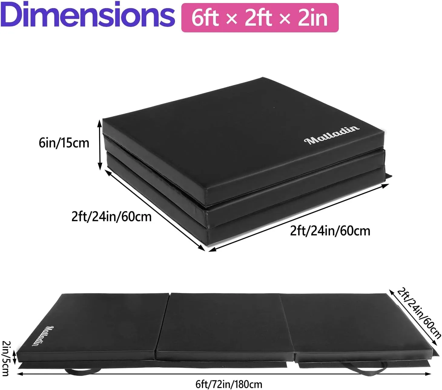 6' Folding Tri-fold Gymnastics Gym Exercise Aerobics Mat, 6ft x 2ft x 2in PU Leather Tumbling Mats with Hook & Loop Fastener for Stretching Yoga Cheerleading Martial Arts