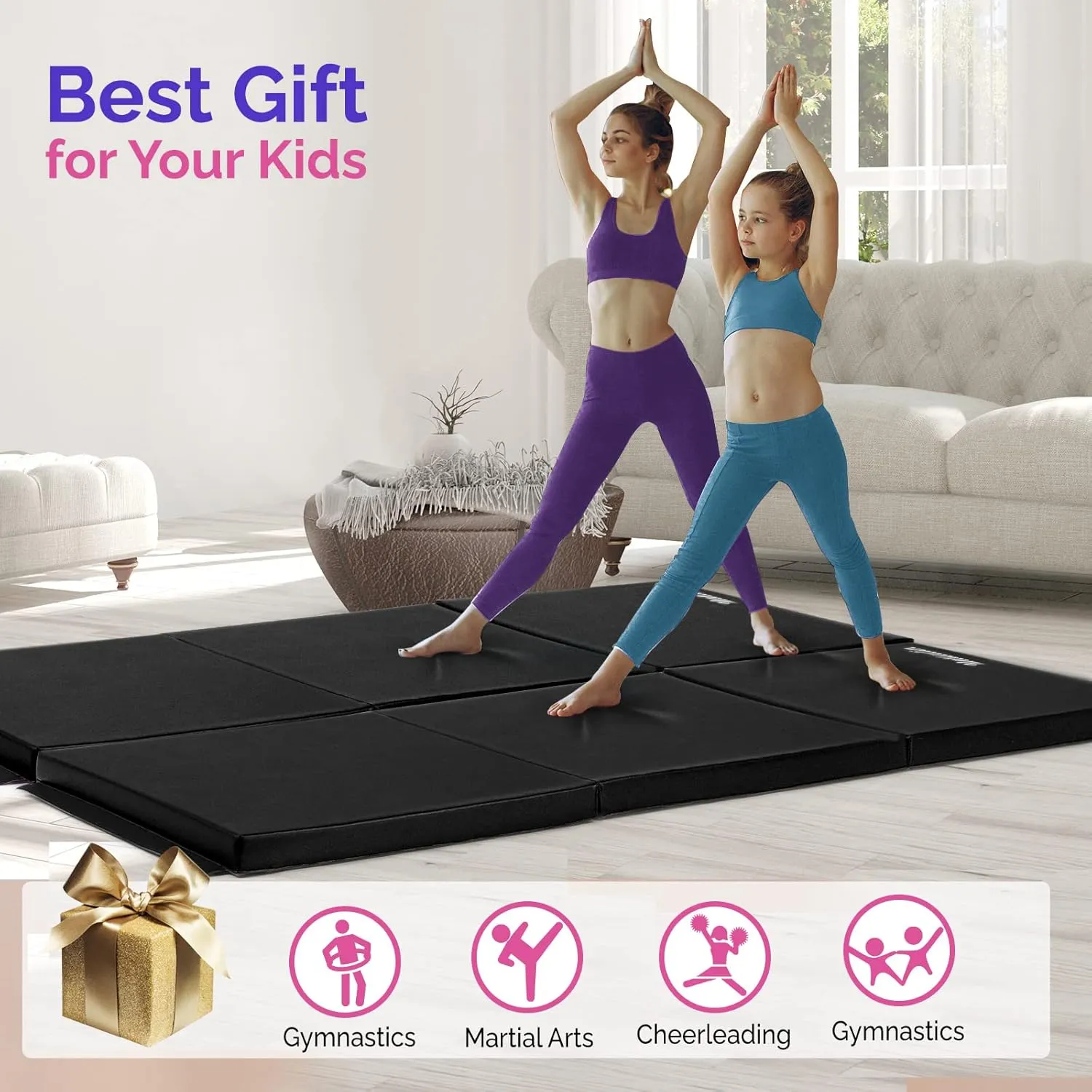 6' Folding Tri-fold Gymnastics Gym Exercise Aerobics Mat, 6ft x 2ft x 2in PU Leather Tumbling Mats with Hook & Loop Fastener for Stretching Yoga Cheerleading Martial Arts