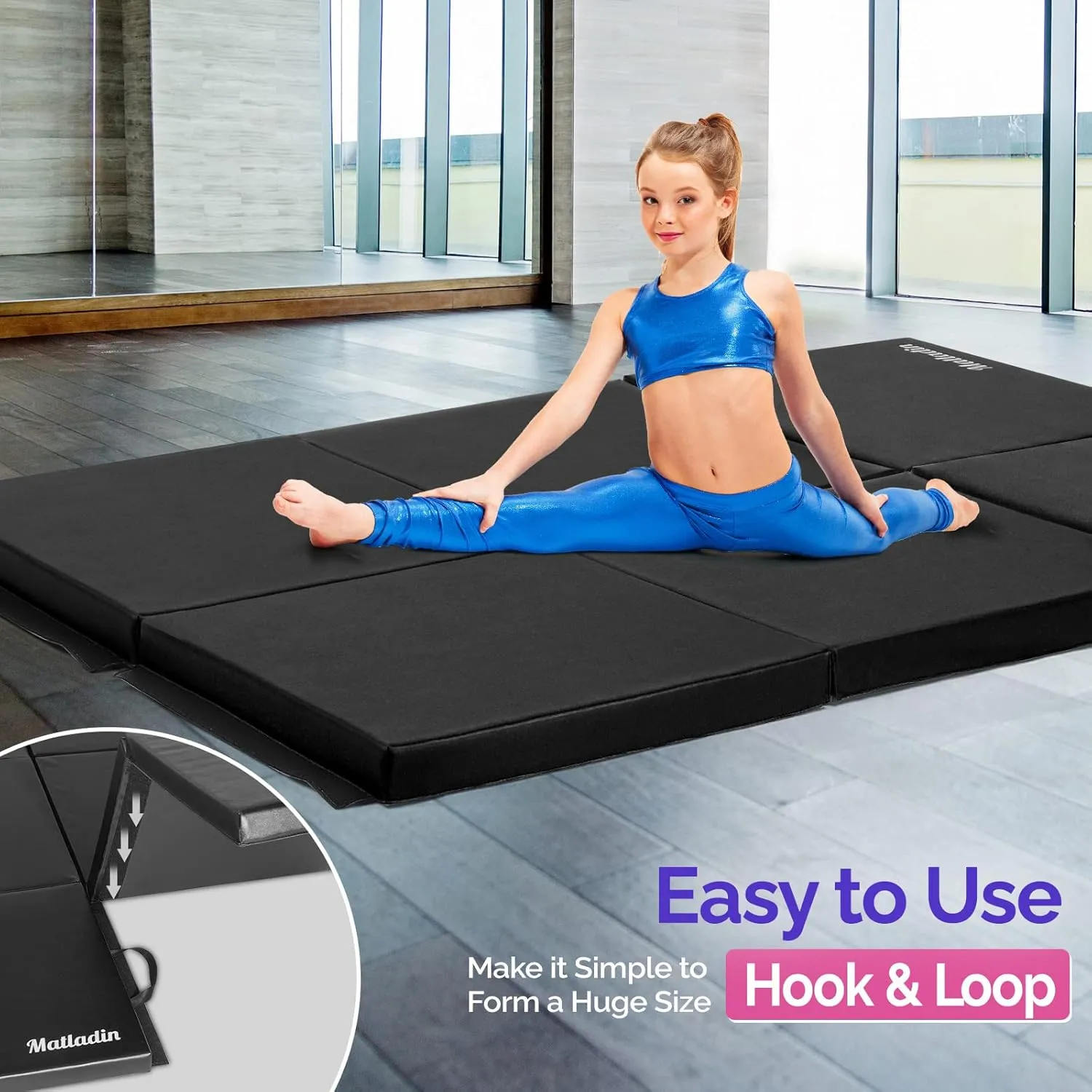 6' Folding Tri-fold Gymnastics Gym Exercise Aerobics Mat, 6ft x 2ft x 2in PU Leather Tumbling Mats with Hook & Loop Fastener for Stretching Yoga Cheerleading Martial Arts