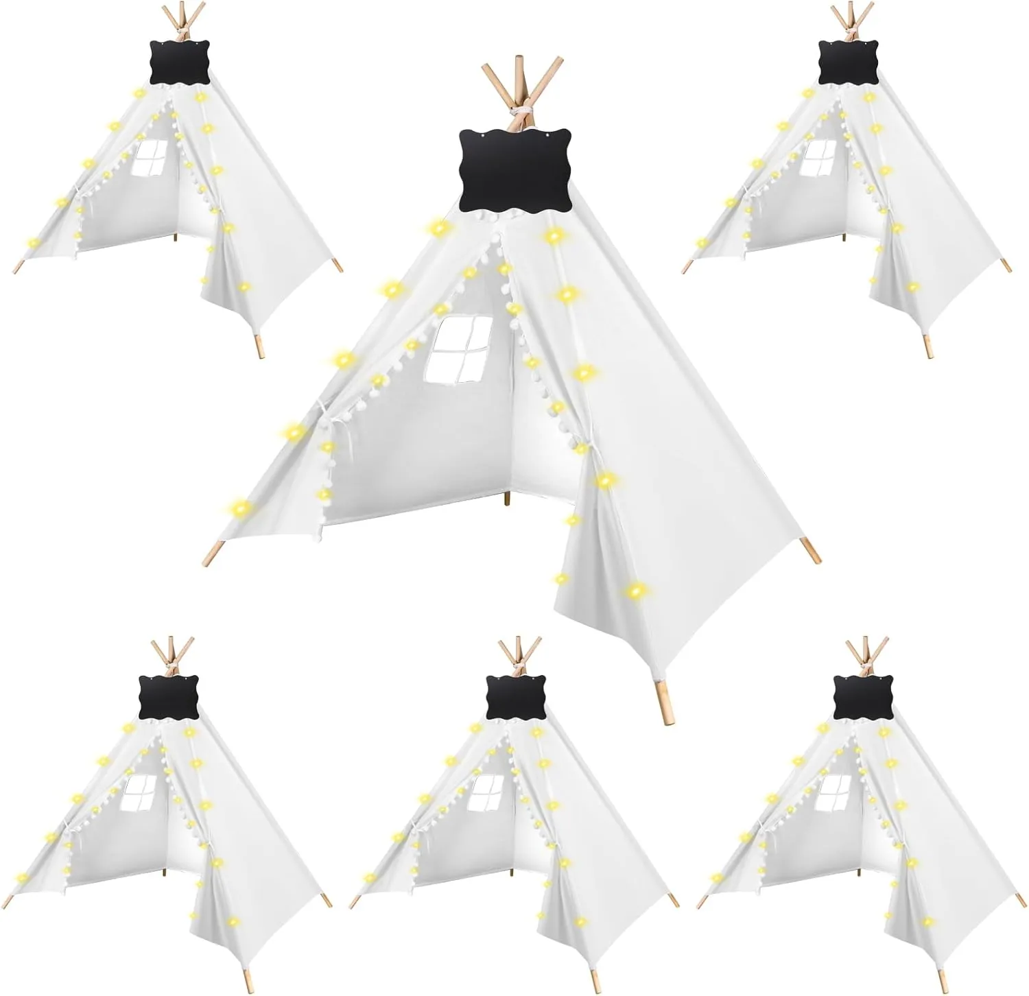 6 Packs Teepee Tent for Kids with 10FT String Lights, Indoor Outdoor Play Teepee Tent for Girls & Boys, Foldable Tents for Birthday Party Boho Sleepovers Party (White)