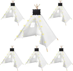 6 Packs Teepee Tent for Kids with 10FT String Lights, Indoor Outdoor Play Teepee Tent for Girls & Boys, Foldable Tents for Birthday Party Boho Sleepovers Party (White)