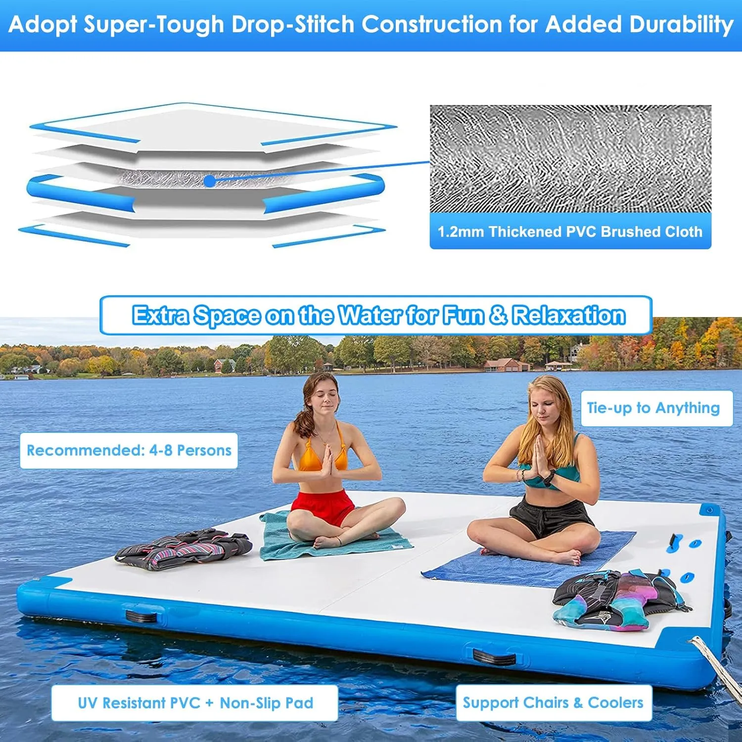 6ft/8ft/10ft/12ft Floating Dock Water Platform, Multi-People Inflatable Floating Mat, Dock Platform for Lake/Boats/Island/Swimming Pool