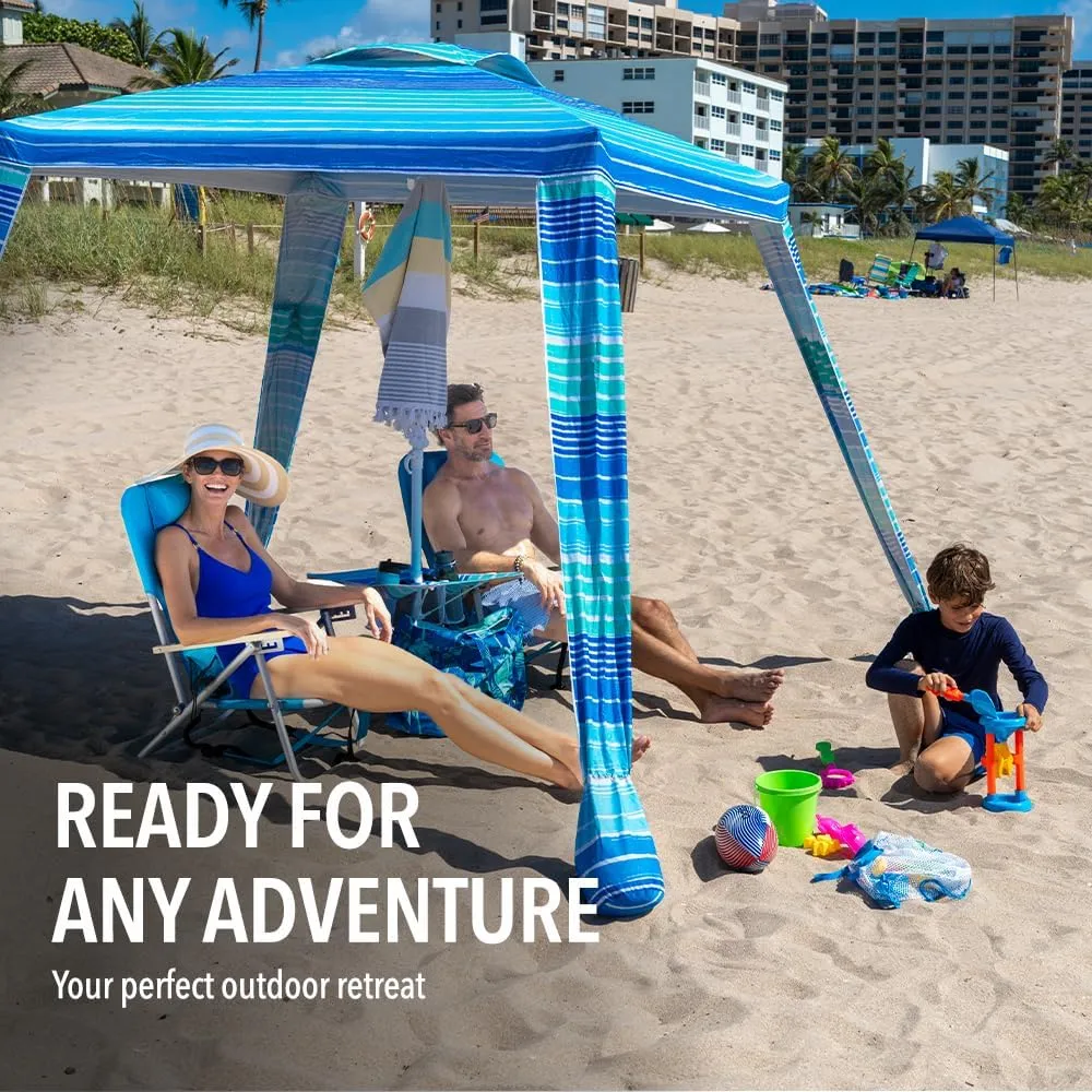 6x6 Easy Up Cabana - Sun Shelter with Privacy Wall, Canopy Includes Umbrella Table Tray, Towel Hanger, and Sand Anchor Shade (Beach Stripes)