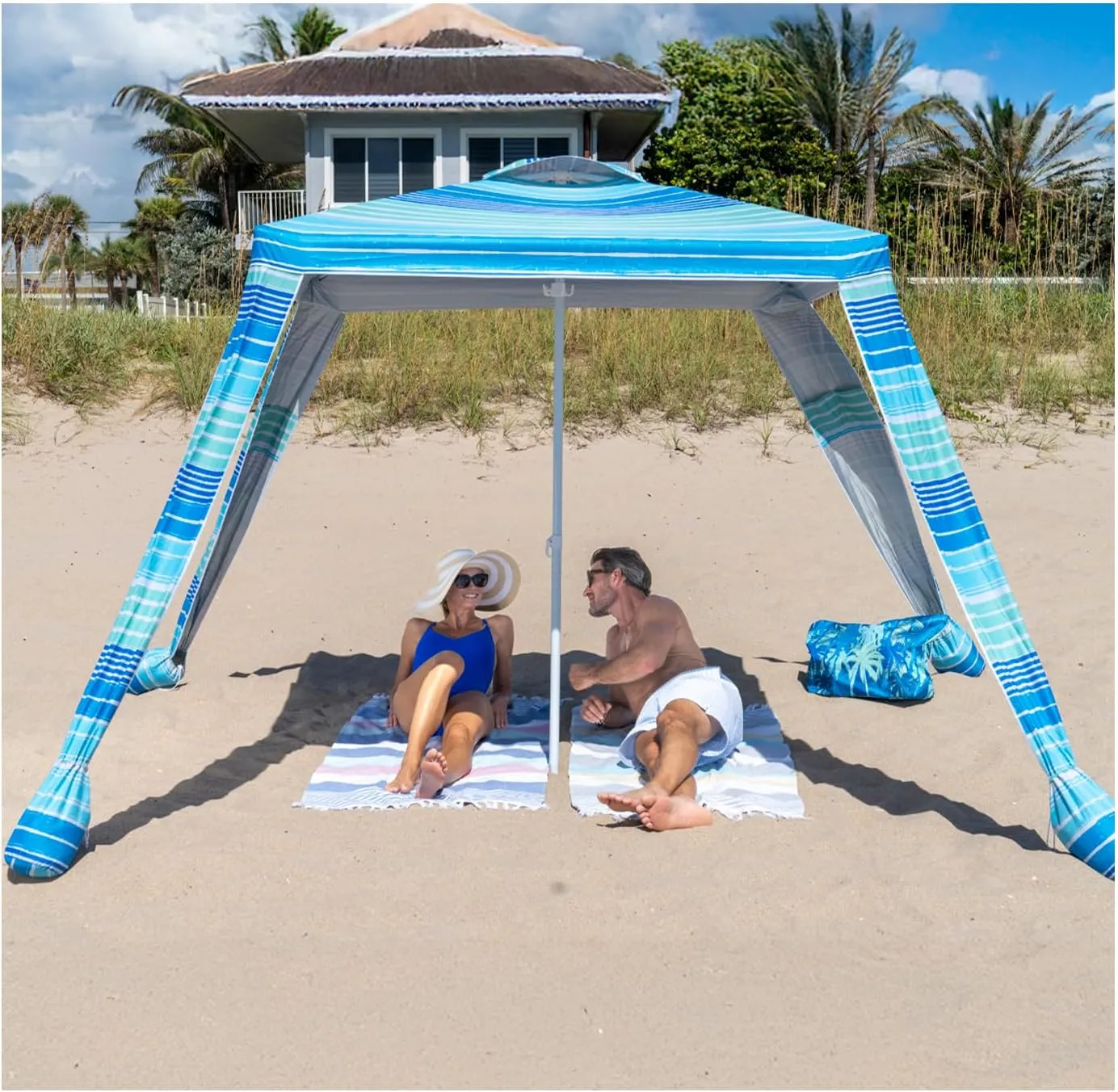 6x6 Easy Up Cabana - Sun Shelter with Privacy Wall, Canopy Includes Umbrella Table Tray, Towel Hanger, and Sand Anchor Shade (Beach Stripes)