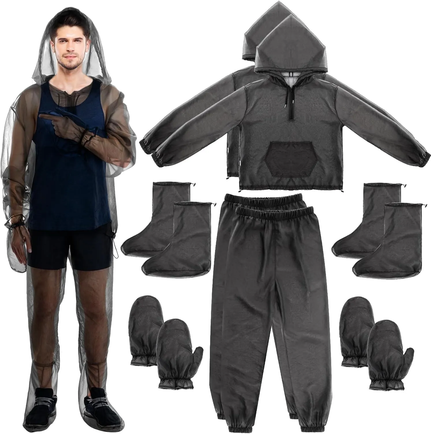 8 Pcs Large Mesh Mosquito Net Suit Include Bug Jackets (Can Cover Head) Pants Socks Mittens Full Body Insect Net Suit Mosquito Clothing for Adult Women Men Outdoor Gardening Fishing, L/XL