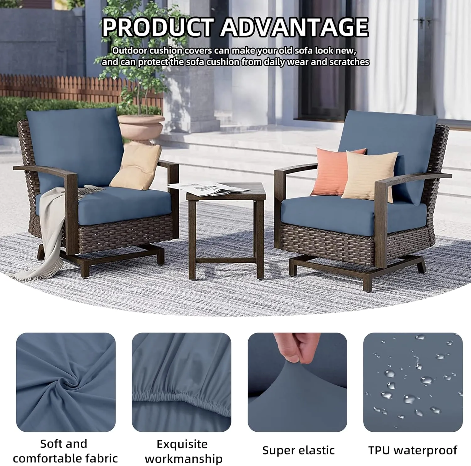 8Pcs Outdoor Cushions Covers Waterproof, Patio Cushion Covers, Stretch Cushion Covers Replacement,Cushion Slipcovers, Furniture Cushion Covers (Grey Blue, 8PCS)