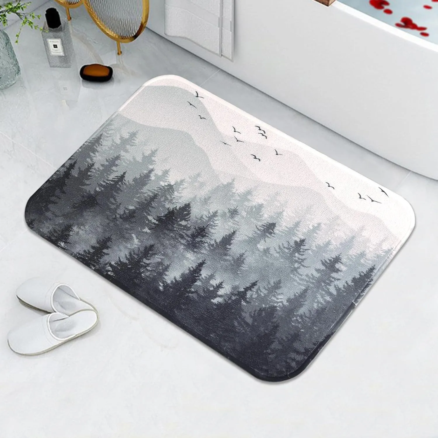Accnicc Black Gray Misty Forest Bathroom Rugs Mat Nature Grey Tree Mountain Bath Rug Water Absorbent Non Slip Shower Mat Memory Foam Bath Mats for Bathroom Decor (32'' × 20'')